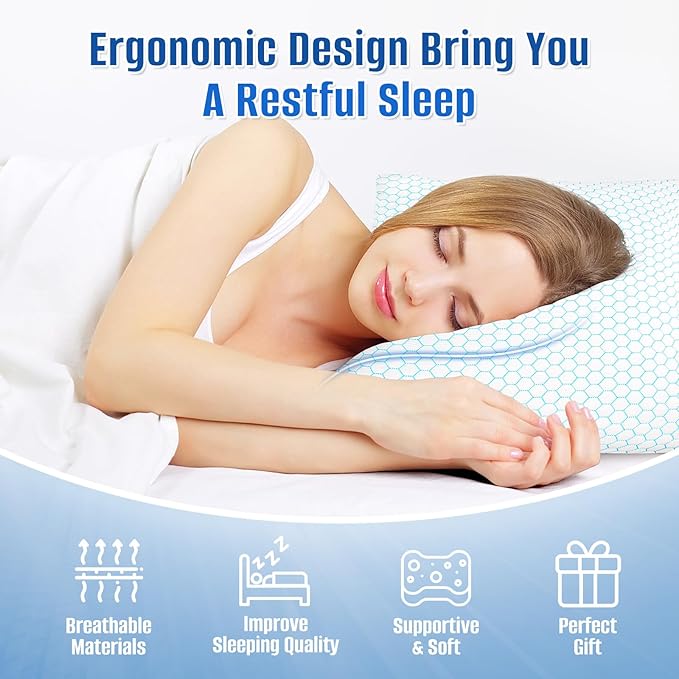 CushyOasis Shredded Memory Foam Pillow for Sleeping, Cooling Bed Pillows Set of 2, Adjustable Pillows for Side, Back, Stomach Sleepers with Washable Pillowcase (King Size, Blue)