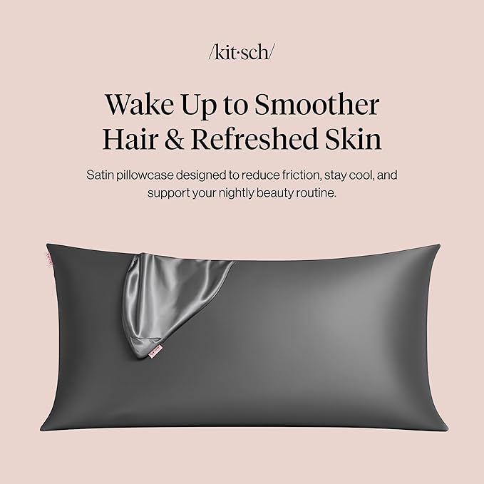 Kitsch Satin Pillowcase with Zipper for Hair & Skin - Softer Than Silk Pillow Cases, Smooth Cooling Satin Pillow Case, Wrinkle-Free, Machine Washable - King Size Satin Pillow Case (19x36) - Charcoal