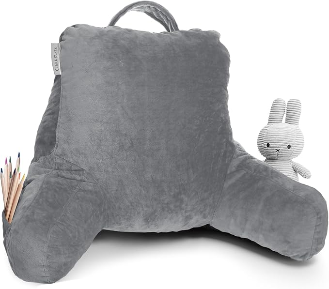 Clara Clark Reading Pillow for Kids & Teens with Shredded Memory Foam, Backrest Pillows for Reading, Watching, and Gaming, Use on The Couch, Bed, or Floor, Adjustable Support, Washable Cover Grey