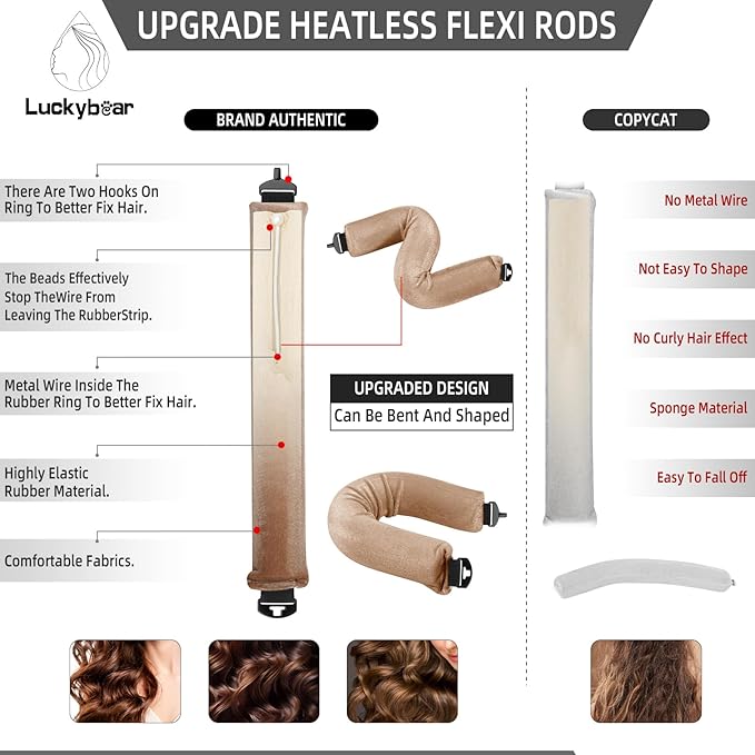 Heatless Curls Overnight Rods Jumbo Set, Heatless Hair Curler Velvet Satin Jumbo Flexi Rods to Sleep in, No Heat Overnight Sleeping Blowout Curls Wave Styling Tools with Silk Scarf 4pcs Khaki
