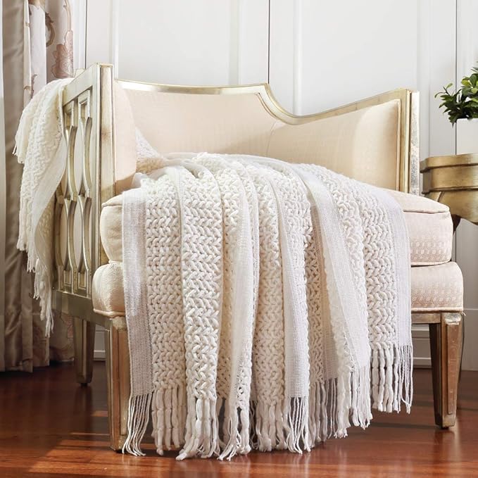 CREVENT Farmhouse Knit Throw Blanket for Couch Sofa Chair Bed Home Decoration, Soft Warm Cozy Light Weight (50''X60'' Cream/White)