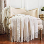CREVENT Farmhouse Knit Throw Blanket for Couch Sofa Chair Bed Home Decoration, Soft Warm Cozy Light Weight (50''X60'' Cream/White)