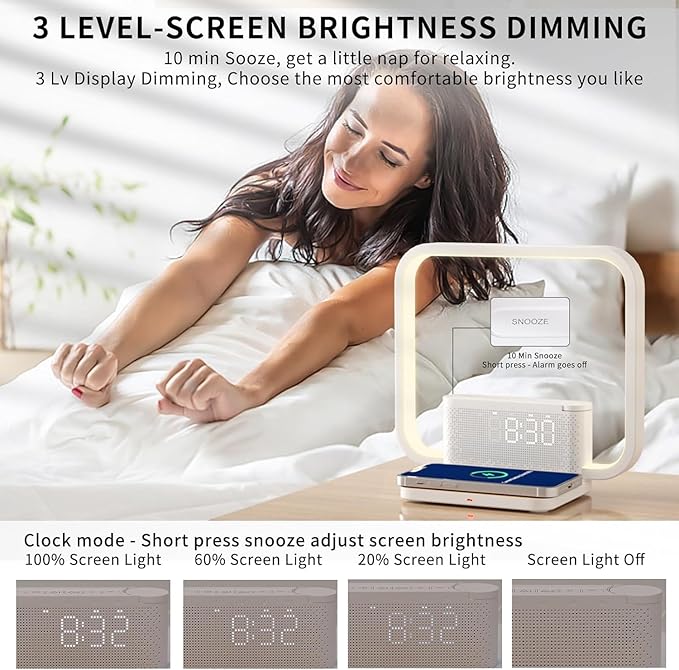 RETEYUNG Sunrise Alarm Clock for Heavy Sleepers,Touch Desk Lamps for Nightstand with Wireless Charger Station for iPhone/Samsung,Sound Machine,Wake Up Light/Snooze/Timer/10 Natural Sounds/3 Dimmable