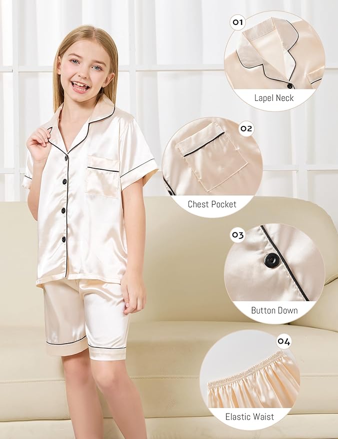 DIPUG 3 Piece Girls Silk Pajamas Set Soft Satin PJs Sleepwear for Comfortable Nights