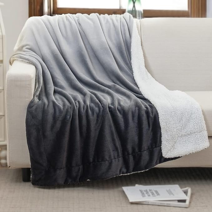 Elegant Comfort Throw Blanket, Reversible Sherpa Flannel, Ultra-Soft, Fuzzy, Cozy and Plush- All Season Lightweight Decorative Throw, 50 x 60 inches, Ombre Design Sherpa Throw, Gray