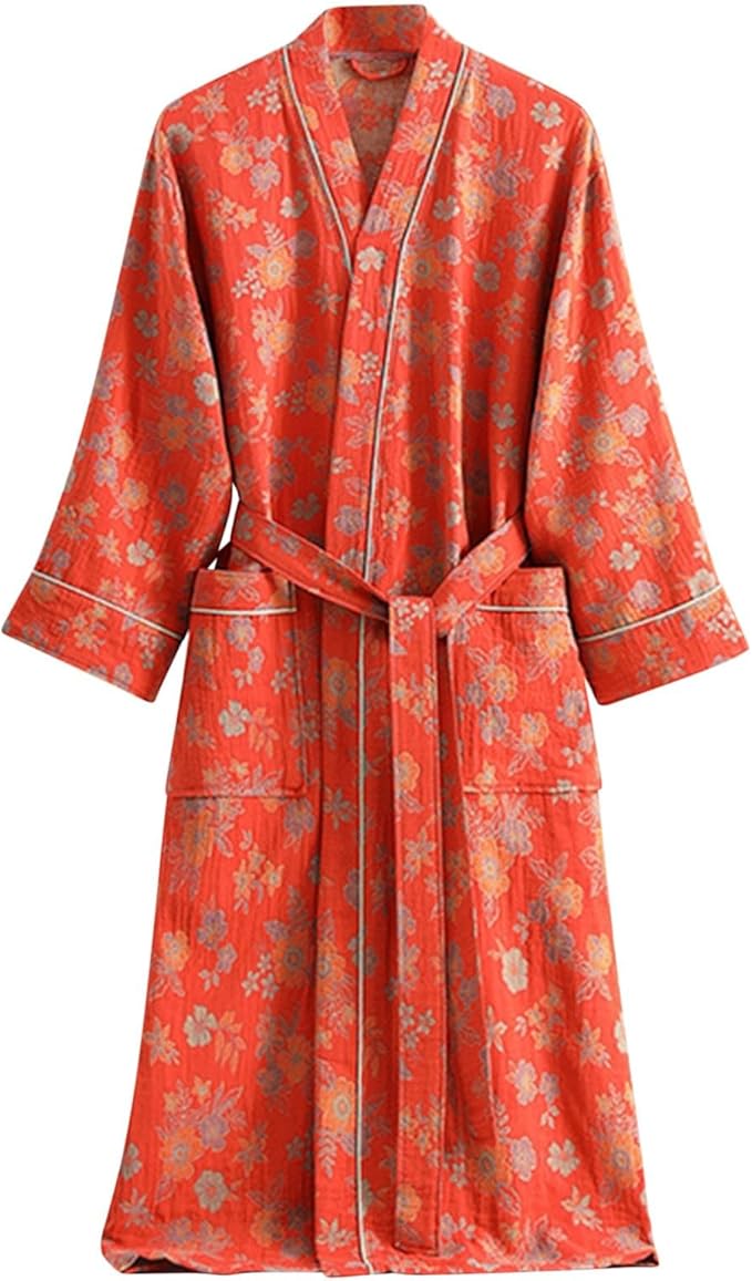 Womens Boho Floral Print Robe Lightweight Short Sleeve Bathrobe Soft Kimono Robes V-neck Loungewear with Pockets