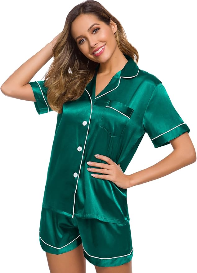 SWOMOG Womens Silk Satin Pajamas Set Short Sleeve Sleepwear Button Down Top and Shorts Loungewear 2 Piece Pjs Set XS-3XL