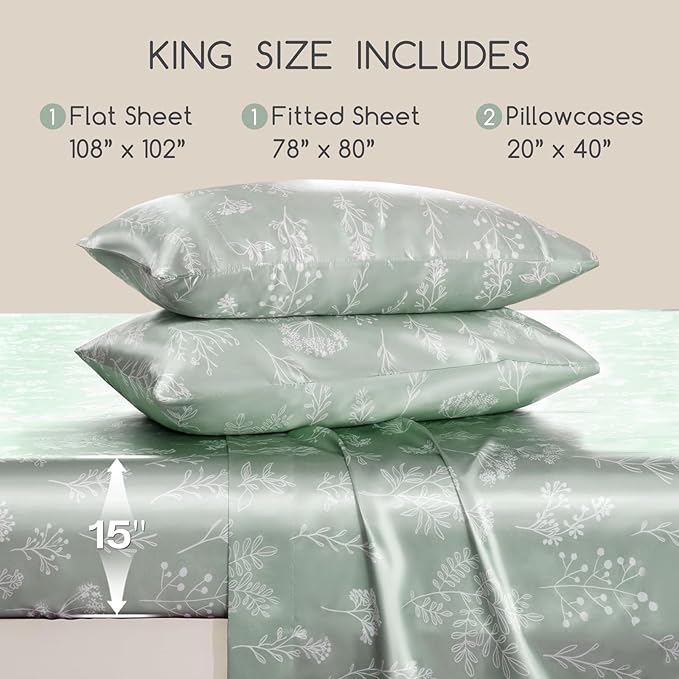 MR&HM Satin Bed Sheets with Elastic Corner Straps, King Size Sheets Set, 4 Pcs Silky Bedding Set with 15 Inches Deep Pocket for Mattress (King, Floral Sage)