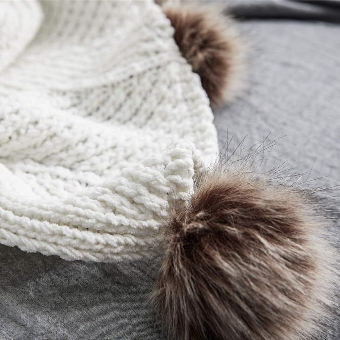 vctops Fur Pom Pom Knit Throw Blanket Super Soft Warm Cozy Cable Knitted Blanket for Sofa and Couch 51 x 63 Inch White