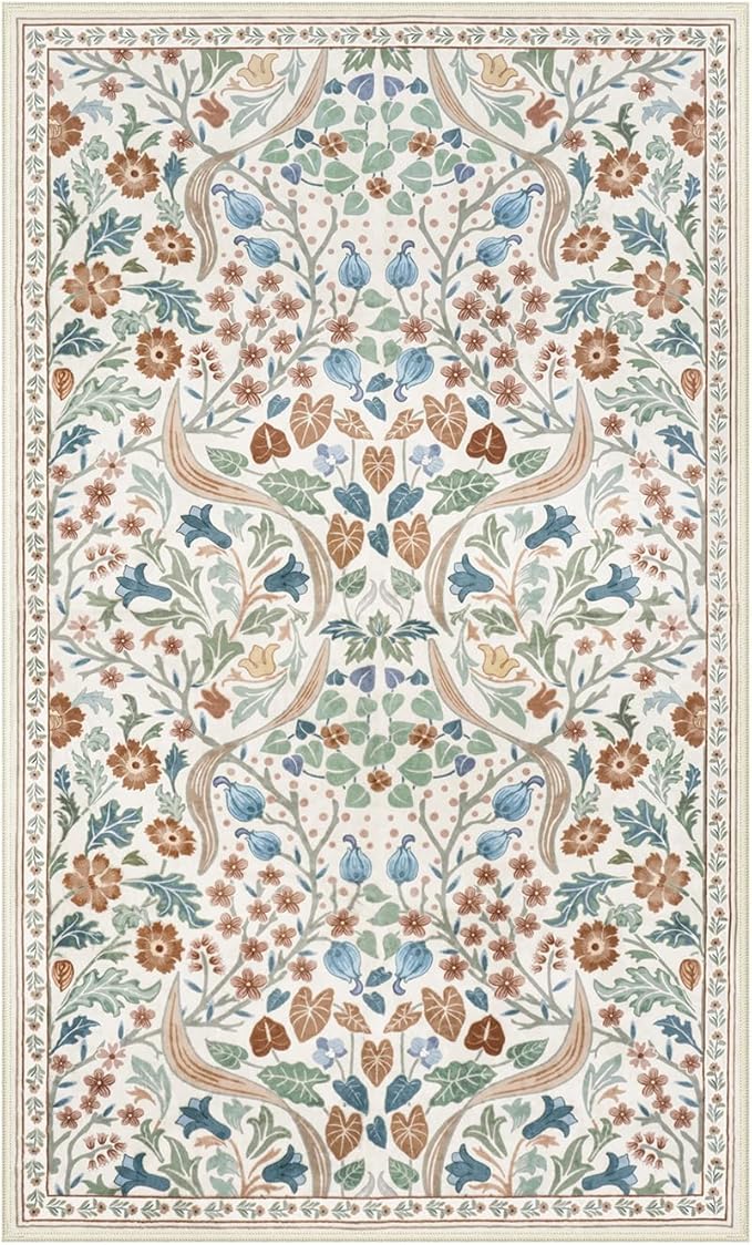 Lahome Claude Floral 3x5 Beige Nursery Rug, Non-Slip Washable Area Rugs for Dorm Bedside Entryway, Botanical Soft Boho Carpet for Kids Room, Entrance Indoor