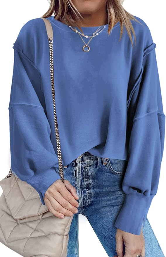 Nirovien Womens Oversized Crewneck Sweatshirt Side Slit Long Sleeve Pullover Slouchy Fit Tops