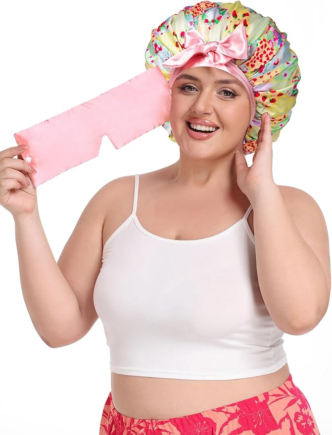 Double Layer Satin Bonnet with Detachable Eye Mask Night Cap for Curly Braids Hair Reduces Frizz Locks in Moisture