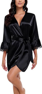 Lace Trim Satin Robes for Women Bride Bridesmaid Silky Kimono Robe Valentines Lingerie with Bell Sleeves