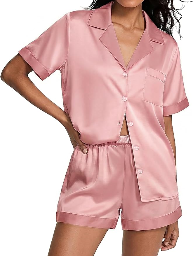 Ekouaer Womens Silk Satin Pajamas Set Short Sleeve Sleepwear Button Down Loungewear 2 Piece Pjs Shorts Set