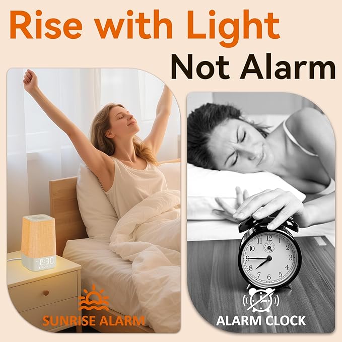 10-60 Mins Simulate Sunrise Alarm Clock: Gentle Wake Up Light with 12 Brightness, 30 Volume, Bright & Loud Enough for Heavy Sleepers - White Noise Machine with 30 Soothing Sounds, Ease of Use