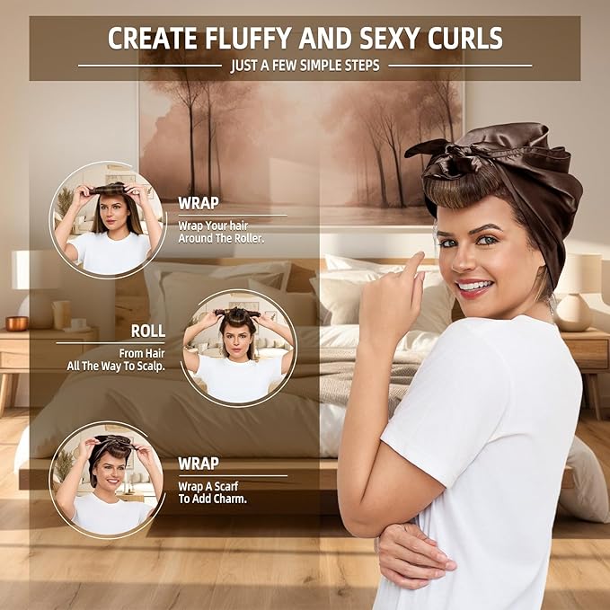Heatless Curls Overnight Rods Jumbo Set, Heatless Hair Curler Velvet Satin Jumbo Flexi Rods to Sleep in, No Heat Overnight Sleeping Blowout Curls Wave Styling Tools with Silk Scarf 4pcs Brown