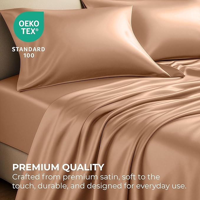 Satin Sheets Full [4-Piece, Rose Gold] Hotel Luxury Silky Bed Sheets - Extra Soft 1800 Microfiber Sheet Set, Wrinkle, Fade, Stain Resistant - Deep Pocket Fitted Sheet, Flat Sheet, Pillow Cases