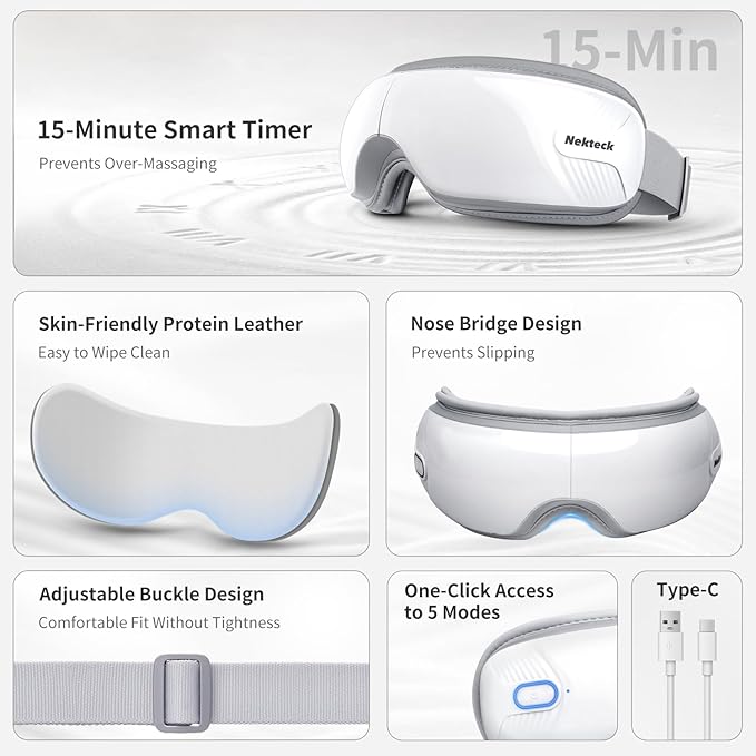 Nekteck Eye Massager with Heat, Birthday Gifts Eye Mask Massage for Migraine Relief, Heated Smart Migraine Massager to Reduce Strain, Dry Eyes, Sleep Relaxation, Bluetooth Music, Ideal for Her Him
