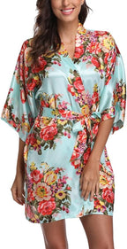 Women's Floral Satin Robes Bride Bridesmaid Getting Ready Robe Short Silky Kimono Sleepwear for Wedding Party