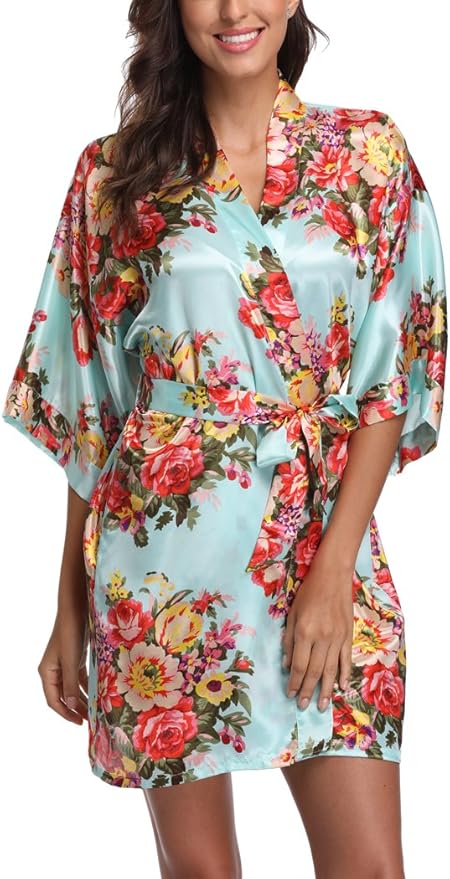 Women's Floral Satin Robes Bride Bridesmaid Getting Ready Robe Short Silky Kimono Sleepwear for Wedding Party