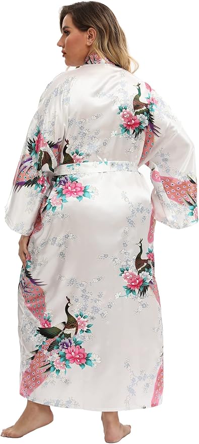 Women's Floral Long Satin Robes Plus Size Long Silk Robes Peacock Floral Kimonos Sleepwear Dressing Gown
