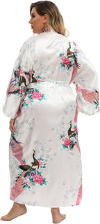 Women's Floral Long Satin Robes Plus Size Long Silk Robes Peacock Floral Kimonos Sleepwear Dressing Gown