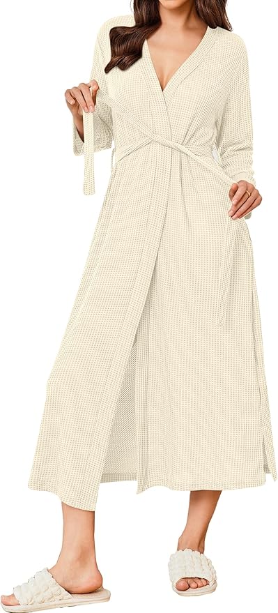 Ekouaer Women's Robe Long Waffle Knit Bathrobe Lightweight Soft Kimono Robes Loungewear S-XXL
