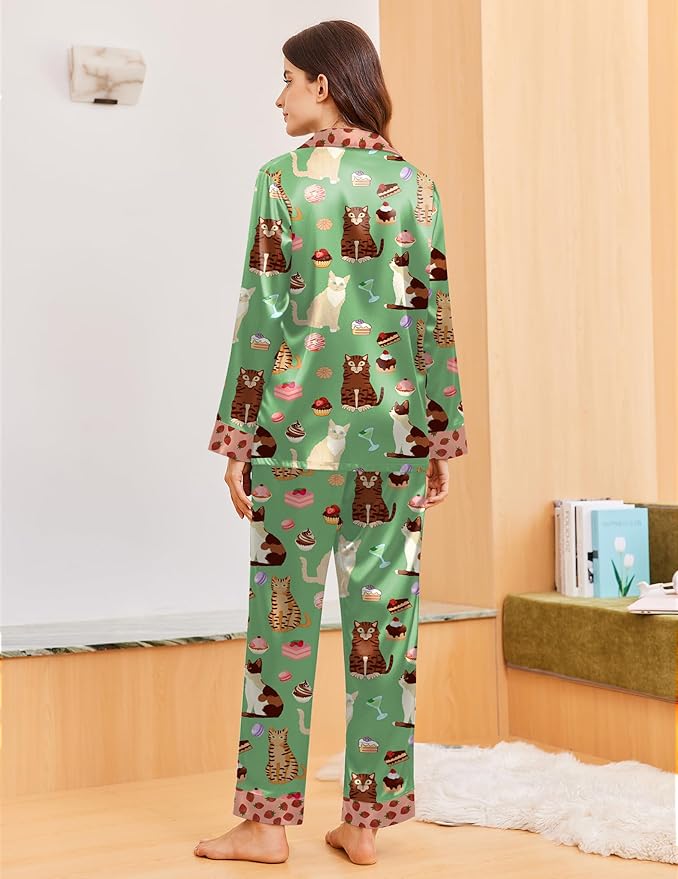 Ekouaer Silk Pajamas for Women Long Sleeve Satin Pajama Set Silky Pj Sets 2 Piece Button Down Loungewear Sleepwear