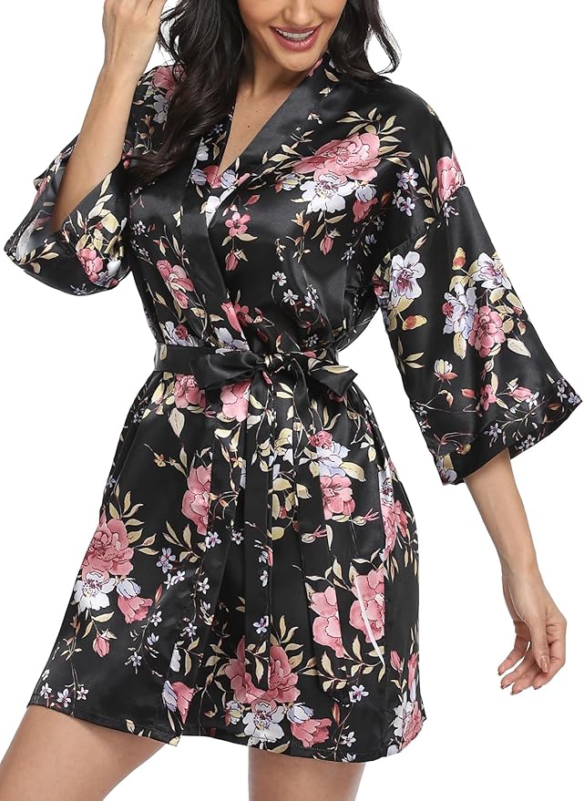 Women's Floral Satin Robes Bride Bridesmaid Getting Ready Robe Short Silky Kimono Sleepwear for Wedding Party