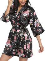 Women's Floral Satin Robes Bride Bridesmaid Getting Ready Robe Short Silky Kimono Sleepwear for Wedding Party