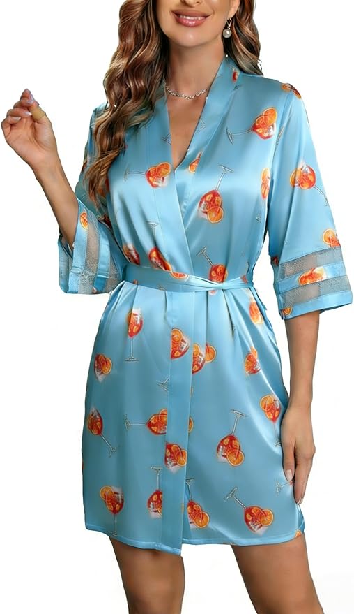Ekouaer Women's Satin Robe Silk Kimono Bathrobe Bridesmaid Wedding Bridal Party Robes 3/4 Bell Sleeve Sleepwear S-XXL