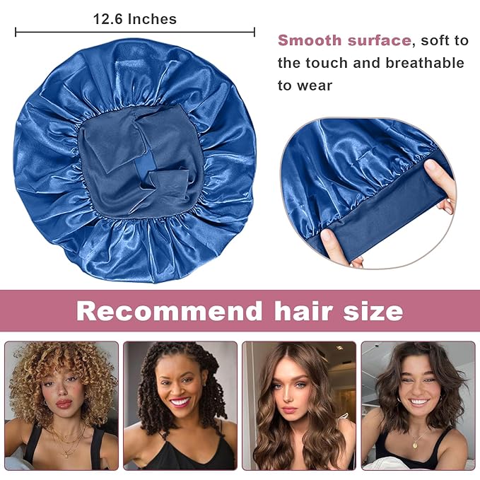 4Pcs Satin Bonnet Silk Bonnet, Hair Bonnet for Sleeping, Elastic Wide Band Silk Sleep Cap, Soft and Breathable(Dark Blue*4)