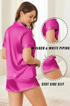 Ekouaer Silk Satin Pajamas Set Short Sleeve Pj Sets Black & White Contrast Piping Pjs Button Down Lounge Sets 2 Piece
