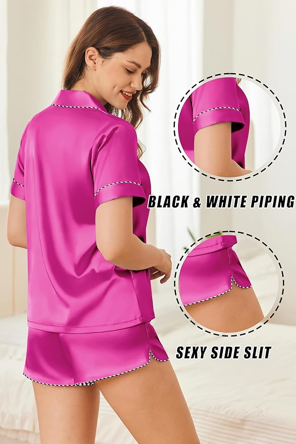 Ekouaer Silk Satin Pajamas Set Short Sleeve Pj Sets Black & White Contrast Piping Pjs Button Down Lounge Sets 2 Piece