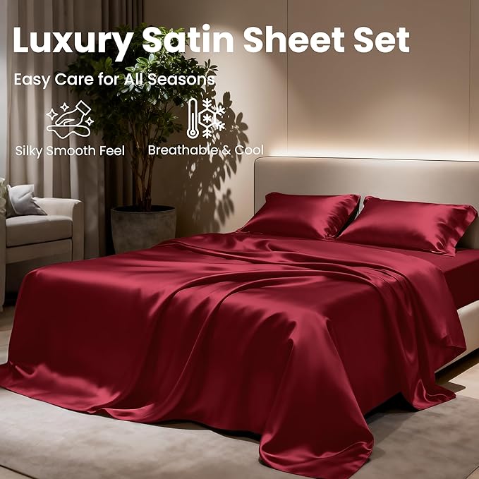 Love's cabin Twin XL Satin Sheet Sets - 3 Piece Burgundy Silky Bed Sheets with Deep Pockets, Luxury Silk Feel Satin Sheet Set Twin XL (1 Flat Sheet,1 Fitted Sheet,1 Pillow case)