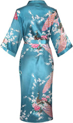 Valennia Women Long Silky Bathrobe Satin Kimono Robe Floral Printed Dressing Gown Sleepwear