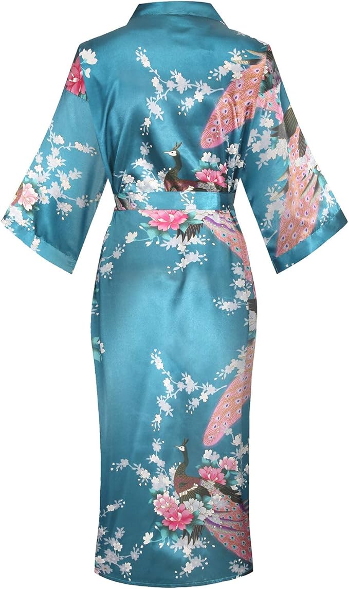 Valennia Women Long Silky Bathrobe Satin Kimono Robe Floral Printed Dressing Gown Sleepwear