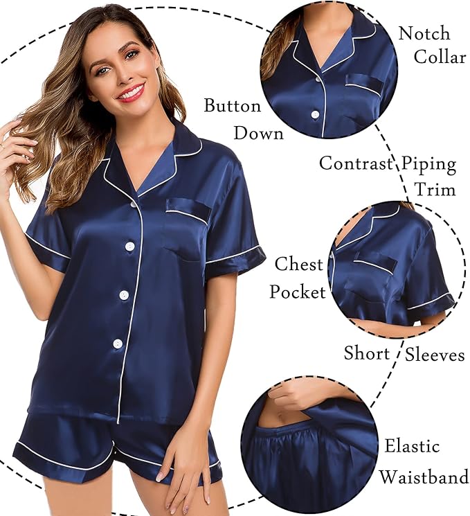 LecGee Womens Silk Satin Pajamas Short Sleeve Loungewear Two-Piece Sleepwear Button-Down Pj Set