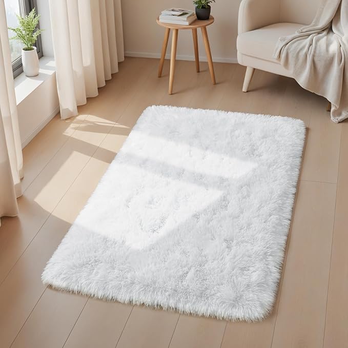 Macgace Small Throw Rugs for Bedroom, 2x3 White Mini Non-Slip Area Rug, Super Soft Plush Fluffy Carpet Modern Home Decor Aesthetic for Entryway Entrance Nursery Kids Room Dorm Office