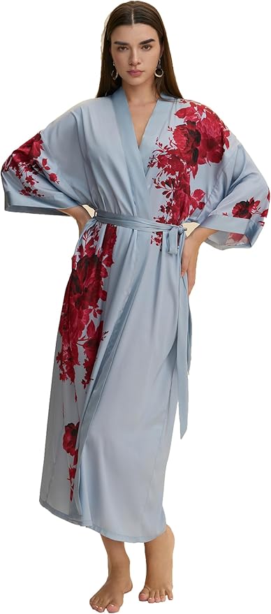 Kihnop Women's Floral Long Kimono Robe Long Satin Robe Long Silk Robe Ladies Kimonos Silky Bathrobe Cover Up, One Size