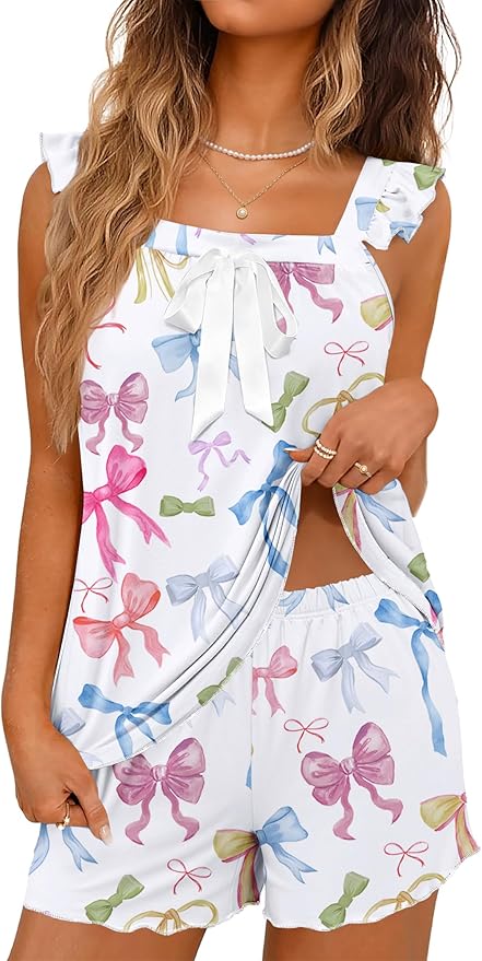 Ekouaer Women's Pajamas Sets 2 Piece Bow Bridal Pajama Cute Tank Top and Shorts Pjs Soft Ruffle Sleepwear XS-2XL