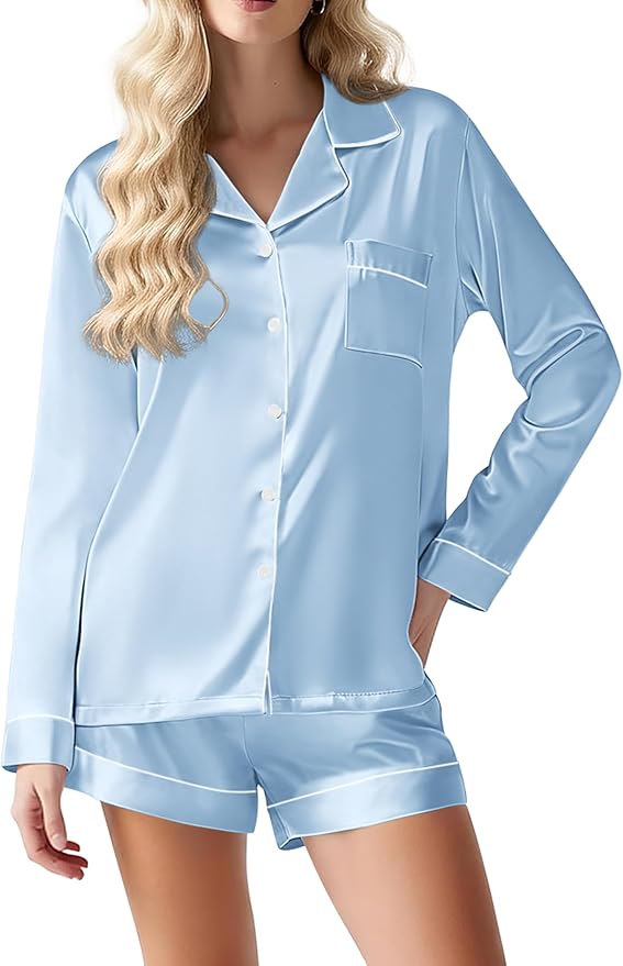 Ekouaer Satin Pajama Set for Women Button Down Pj Set Long Sleeve Top and Shorts 2 Piece Loungewear Summer Soft Sleepwear