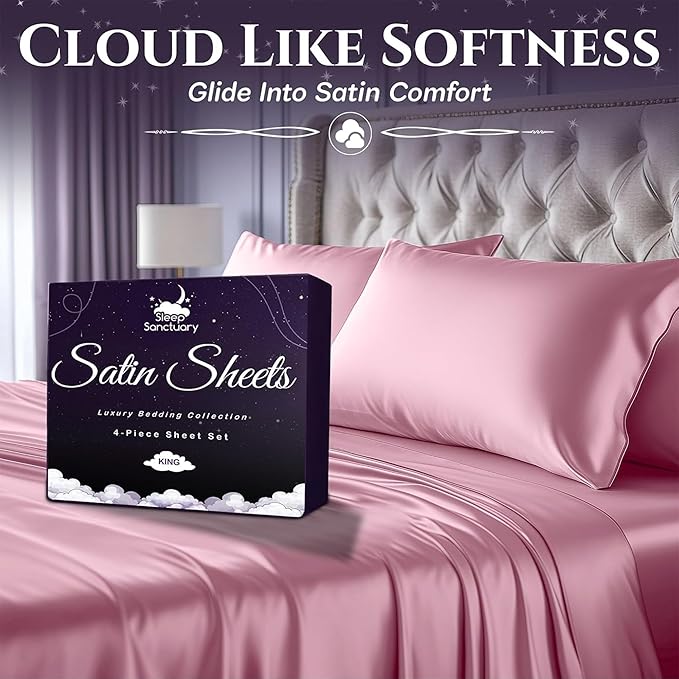 SLEEP SANCTUARY Satin Sheets King Size – 4 Piece Luxury Silky Bed Set, Softer Than Silk, 15" Deep Pocket, Cooling & Wrinkle-Free, Moisture-Wicking & Breathable for Hair & Skin (Pink)