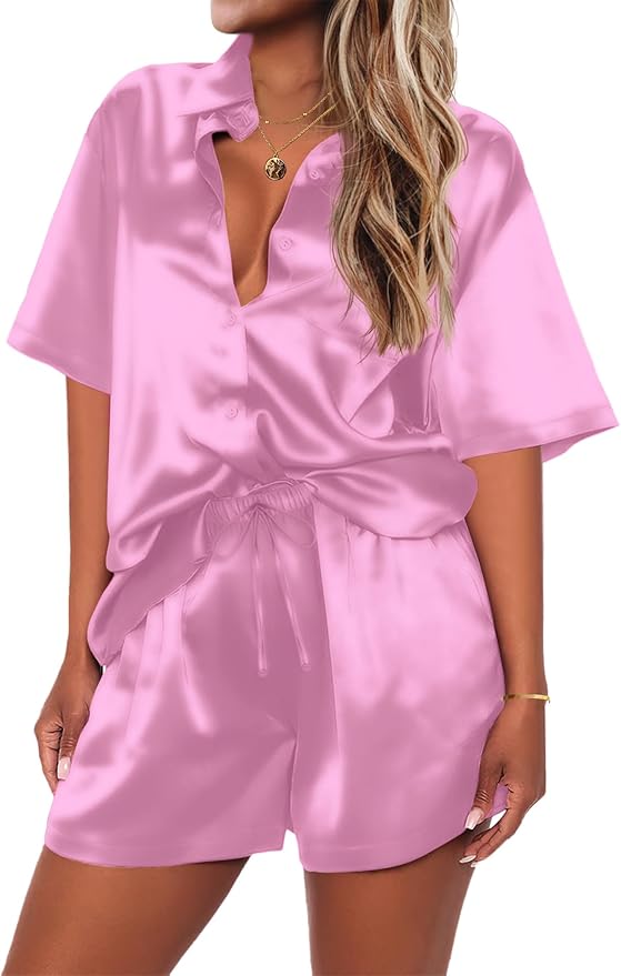 Ekouaer Pajamas for Women Silk Satin Pjs Soft Sleepwear Short Sleeve Button Down Pjs Top and Shorts 2 Piece Lounge Set S-XXL