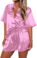 Ekouaer Pajamas for Women Silk Satin Pjs Soft Sleepwear Short Sleeve Button Down Pjs Top and Shorts 2 Piece Lounge Set S-XXL