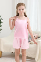 Weixinbuy Girls Pajamas Silk PJS Set Sleeveless Pajama Tank Elastic Waist Shorts Sleepwear Kids Summer Nightwear Clothes Set