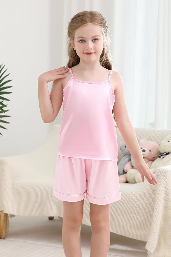 Weixinbuy Girls Pajamas Silk PJS Set Sleeveless Pajama Tank Elastic Waist Shorts Sleepwear Kids Summer Nightwear Clothes Set