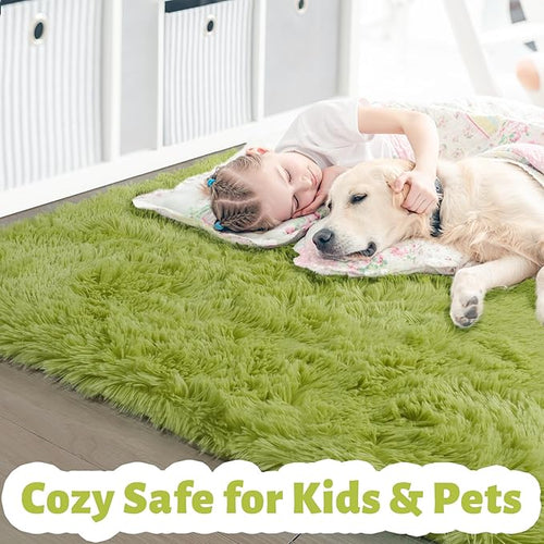 Amdrebio Grass Green Rugs for Living Room Bedroom Decor Aesthetic, 9x12 Large Fluffy Shag Area Rug for Kids Room Baby Nursery Teen Girls Boys, Cool Fuzzy Plush Cute Moss Carpet for Classroom Playroom
