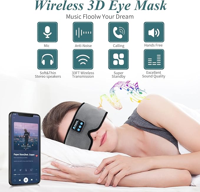 Sleep Headphones, Update Wireless 3D Eye Mask with Ultra-Thin HD Stereo Speakers for Side Sleepers, Air Travel, Meditation and Relaxation Grey