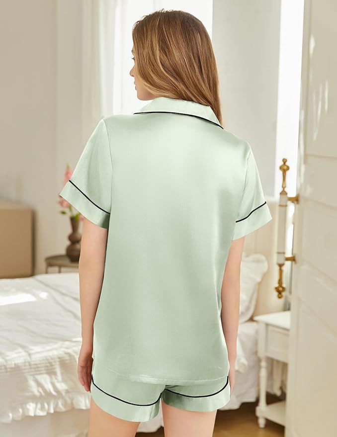 Silk Pajamas for Women Short Sleeve Sleepwear Soft Button Down Loungewear 2 Piece Satin Pjs Shorts Set S-XXL